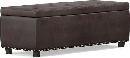 SIMPLIHOME Hamilton 48 inch Wide Transitional Rectangle Storage Ottoman in Distressed Brown Vegan Faux Leather, Assembled, For the Living Room, Entryway and Family Room