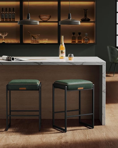 VASAGLE EKHO Collection - Bar Stools Set of 2, Counter Height Bar Stools, Synthetic Leather with Stitching, Mid-Century Modern Counter Stools, 26-Inch Tall, Kichen Home Bar Dining Room, Forest Green