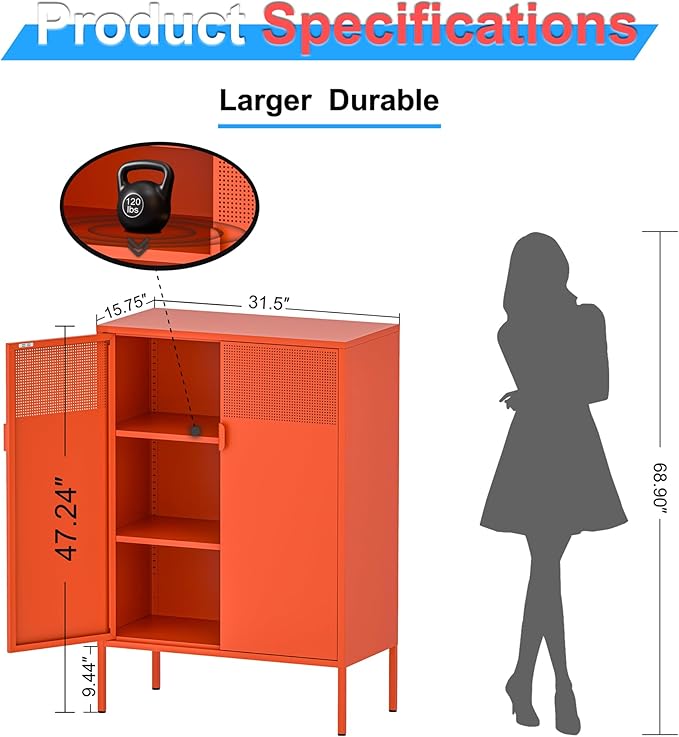 2 Mesh Door Metal Cabinet with Adjustable Shelves, Multipurpose Orange Storage Cabinet, 3-Tier,Metal Storage Cabinet for Office Home,Hallway(Orange, 47''H)