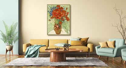Wieco Art Large Framed Wall Art of Red Poppies and Daisies by Van Gogh Paintings Reproduction Abstract Canvas Prints for Home Living Room Decorations Bronze Gold Frame