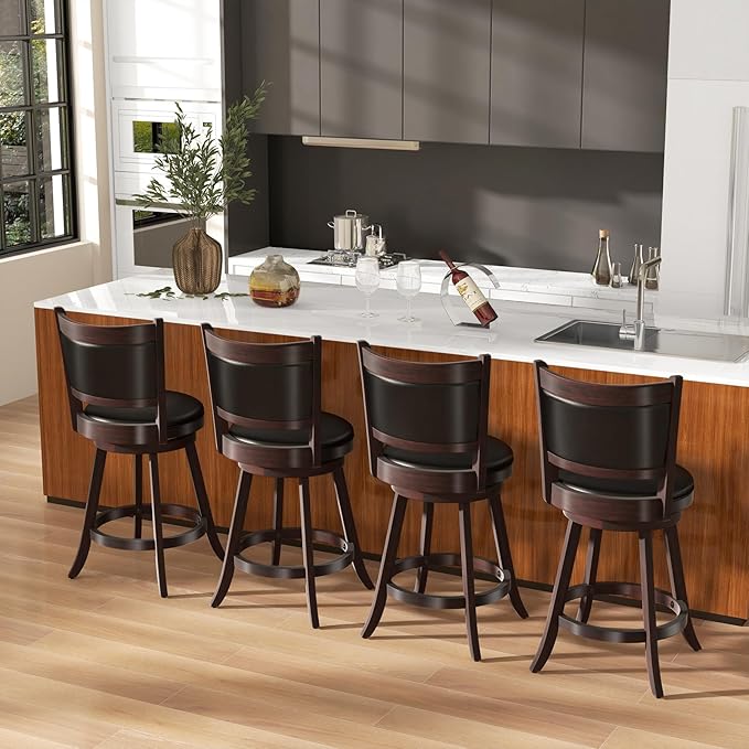 COSTWAY Bar Stools Set of 4, 360 Degree Swivel, 24" Accent Wooden Swivel Seat Counter Height Bar Stool, Leather Upholstered Design, PVC Cushioned Seat, Perfect for Dining and Living Room (Height 24")