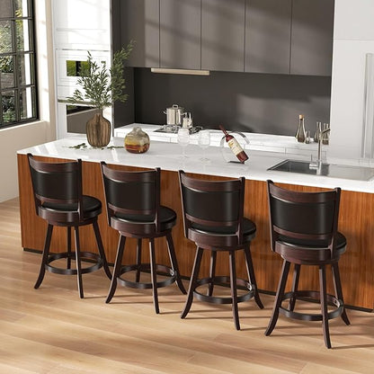 COSTWAY Bar Stools Set of 4, 360 Degree Swivel, 24" Accent Wooden Swivel Seat Counter Height Bar Stool, Leather Upholstered Design, PVC Cushioned Seat, Perfect for Dining and Living Room (Height 24")