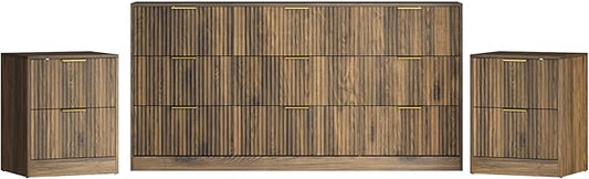 3-Piece Modern Bedroom Furniture Set, Wide 9-Drawer Dresser & 2-Drawer Nightstands Set of 2, Natural Wood Dresser and Nightstand Sets for Bedroom, Hallway, Walnut