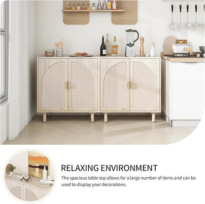 Beige Rattan Cabinet-2-Doors,Sideboard Buffet Cabinet with Storage-Accent Storage Cabinet with Cane Door, Boho Wood Credenza for Dining Room, Kitchen,Study Room (Beige Set 2)