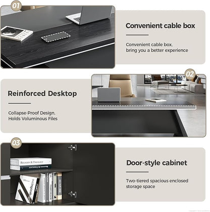 Modern L Shape Executive Desk with Storage Drawers – Large Black Corner Office Desk for Home Workspace, Spacious Executive Desk with Cabinets (Black/Right, 87" L * 63" W * 30" H)