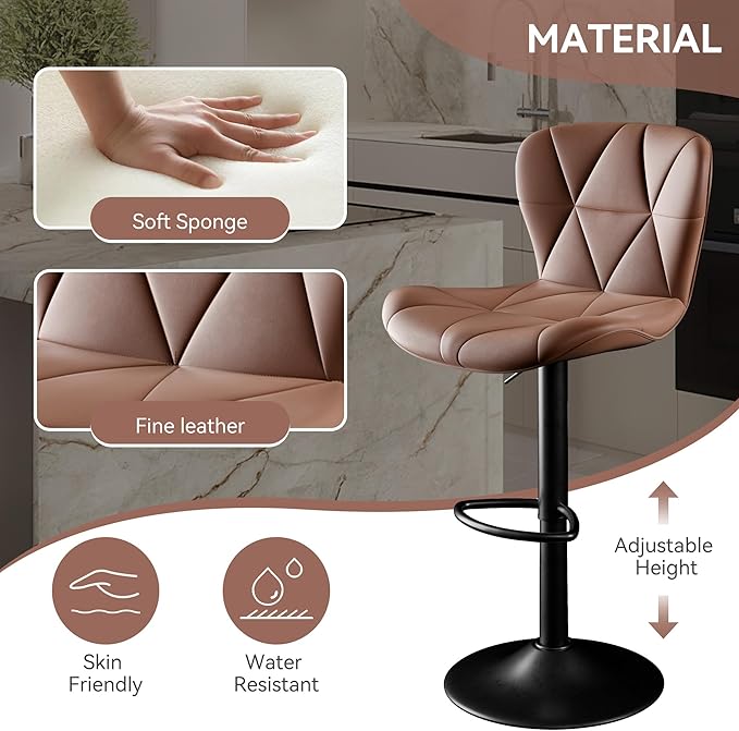 Bar Stools Set of 2, Faux Leather Bar Chairs,Upholstered Counter Height with High Backrest for Kitchen Island,Light Brown