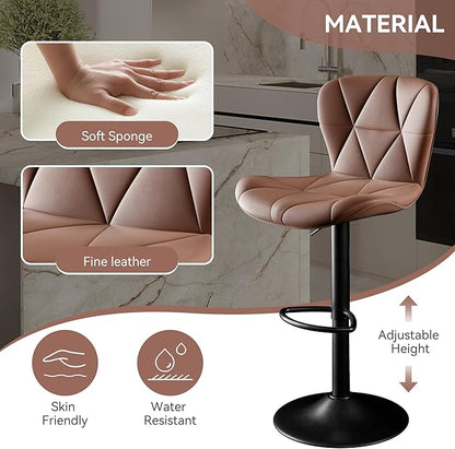 Bar Stools Set of 2, Faux Leather Bar Chairs,Upholstered Counter Height with High Backrest for Kitchen Island,Light Brown