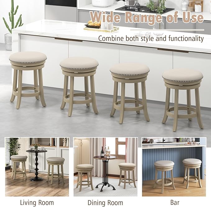 COSTWAY 360° Swivel Bar Stools Set of 2, 24-inch Height Upholstered Round Barstools with Wooden Frame, Seat and Footrest, Backless Solid Wood Counter Stools for Kitchen Island Bistro Pub, Beige