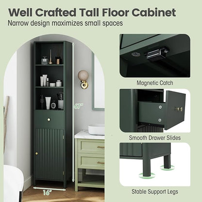 Tangkula 67" Tall Bathroom Cabinet, Narrow Floor Cabinet w/Fluted Door, 3 Open Shelves & 1 Drawer, Freestanding Storage Organizer w/Adjustable Shelf & Anti-tip Kit for Kitchen, Living Room (Green)