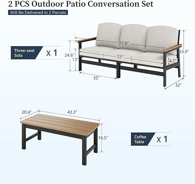 HDPE Outdoor Patio Furniture 3-Piece Set, All Weather Modern Patio Conversation Sets with Wood-grain Extended Table, Outdoor Patio Couch Set, Black Frame with Beige 4.7" Thick Cushions