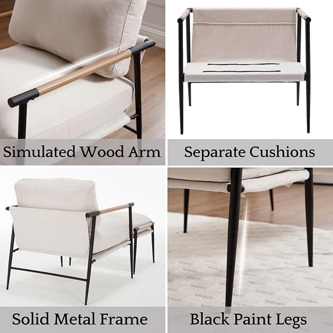 LukeAlon Mid-Century Chenille Accent Chair with Ottoman, Soft Living Room Chair with Metal Legs Modern Upholstered Armchair Reading Nook Chair Lounge Leisure Chair with Footstool for Bedroom, Beige