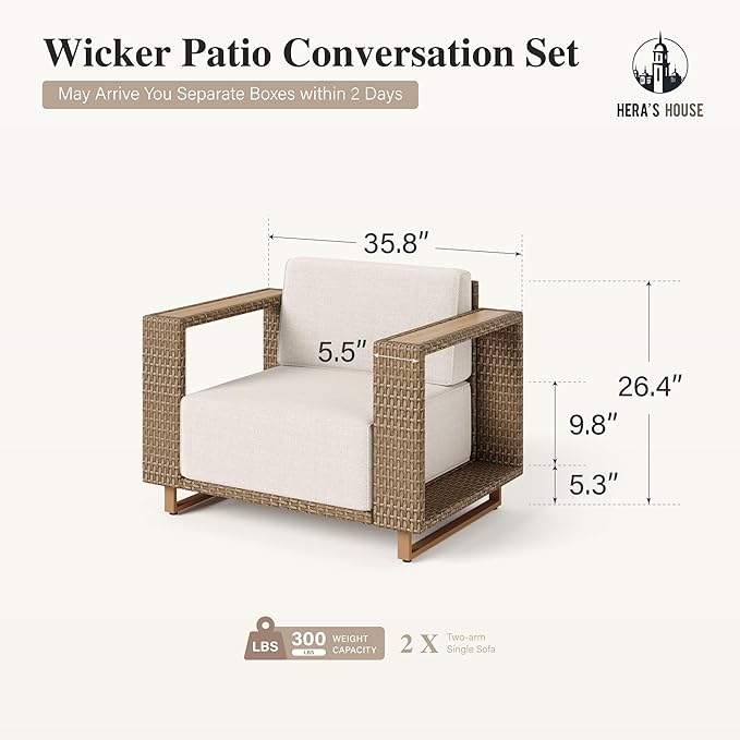 HERA'S HOUSE 2 Pieces Patio Furniture Set, Outdoor Rattan Wicker Armchairs Set of 2, All Weather Patio Conversation Set with 5.3" Widened Armrest, 10" Ultra Thick Comfy Sponge Cushion, Backyard Couch