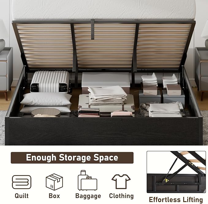 Lift Up Storage Bed Frame, King Size Wooden Platform Bed with Large Storage Underneath, No Box Spring Needed, Noise Free, Black