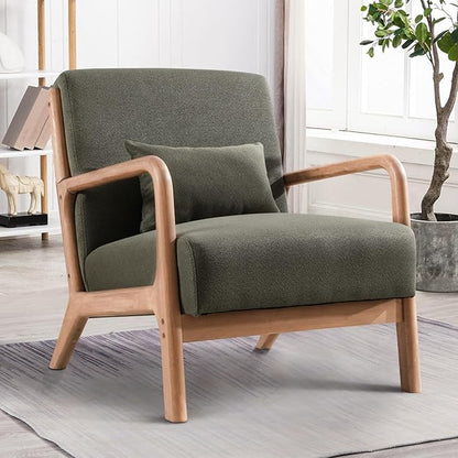 INZOY Mid-Century Modern Accent Chair Set of 2, Green Reading Armchair with Waist Cushion, Upholstered Living Room Chairs for Bedroom Sunroom