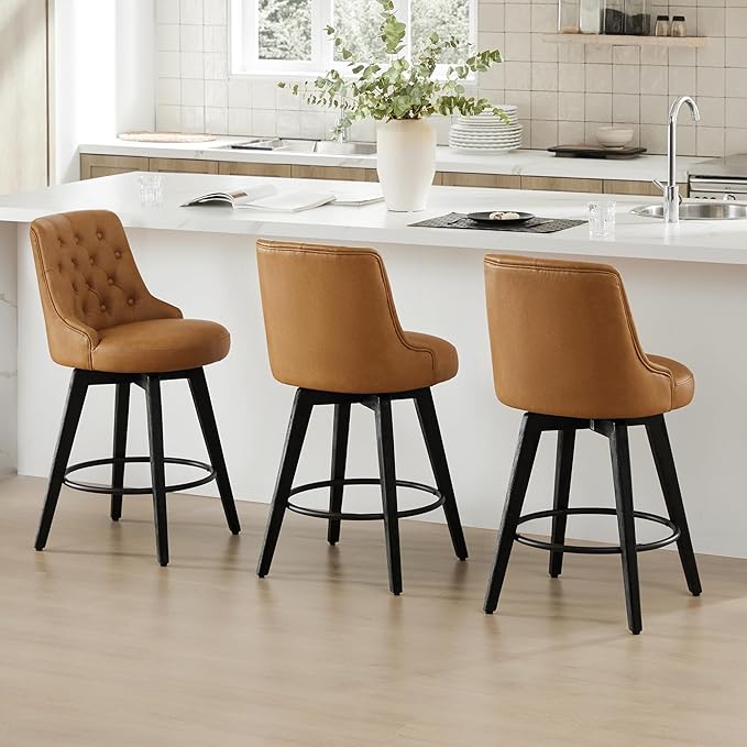 Watson & Whitely Modern Swivel Bar Stools, Faux Leather Upholstered Counter Height Bar Stools with Back, Solid Wood Legs, 26" H Seat, Set of 2, Cognac