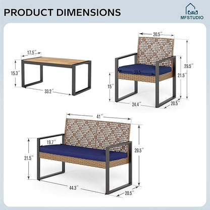 MFSTUDIO 4 Piece Wicker Patio Furniture Set, Small Patio Sofa with Loveseat & Chaise & Acacia Wood Table, Outdoor Rattan Sectional Furniture Set for Porch, Backyard, Blue