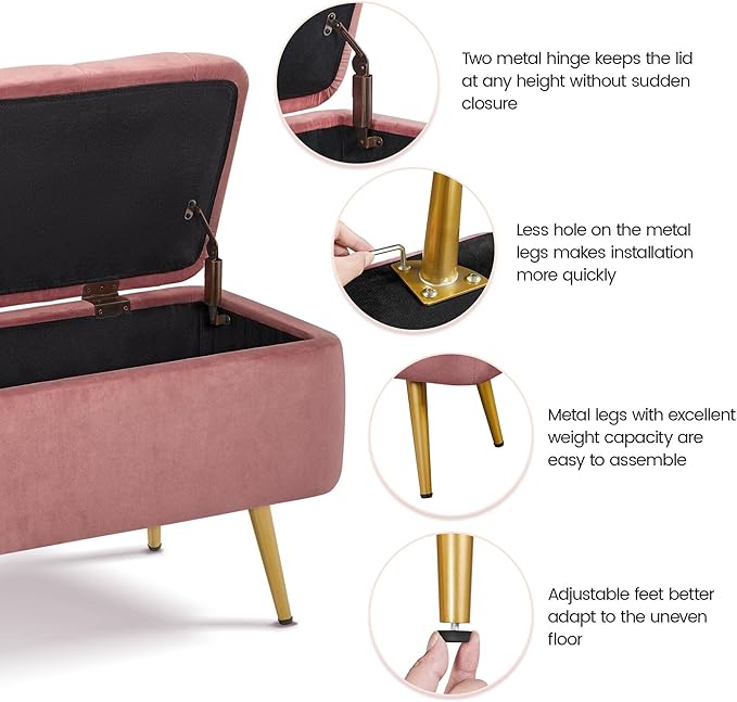 Yaheetech Ottoman with Storage 2pcs, Velvet Entryway Bench with Safety Hinge, Upholstered Bench with Seating for Bedroom, Living Room, Holds up to 519 lb, Pink