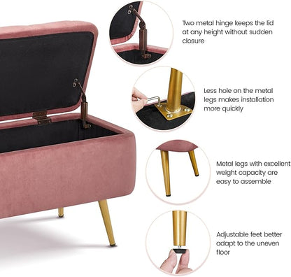 Yaheetech Ottoman with Storage 2pcs, Velvet Entryway Bench with Safety Hinge, Upholstered Bench with Seating for Bedroom, Living Room, Holds up to 519 lb, Pink