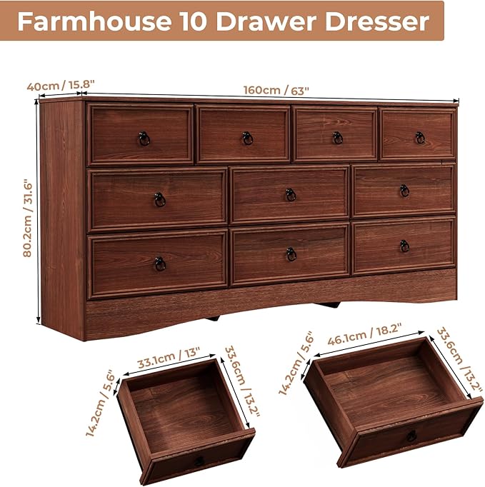 Farmhouse 10 Drawer Dresser for Bedroom – 63'' Long Dresser Wood Chest of Drawers,TV Stand for 75 inch TV, Storage Organizer Furniture, Hallway, Entryway, Closet, Cherry Wood