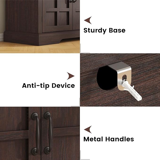 70" Sideboard Buffet Cabinet with Storage, Coffee Bar Cabinet with and 4 Doors, Long Wider Storage Cabinet Modern Farmhouse, Brown Wood, for Kitchen, Dining Room, Living Room