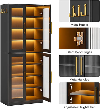Tribesigns Tall Shoe Storage Cabinet with Acrylic Doors and LED Lights, 8-Tier Shoe Organizer Rack with Adjustable Shelves & Hanging Hooks for Narrow Closet, Hallway, Living Room, Black (Set of 2)