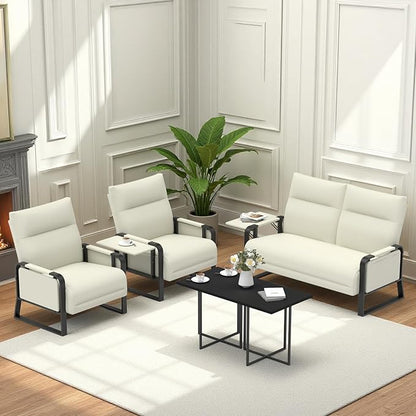 Faux Leather Sectional Couches for Living Room 3 Piece Loveseat and Chair Set with Flip Up Tray Tables Side Pockets Modern Modular Sectional Sofa for Office (2-Seat+1-Seat+1-Seat, Beige)
