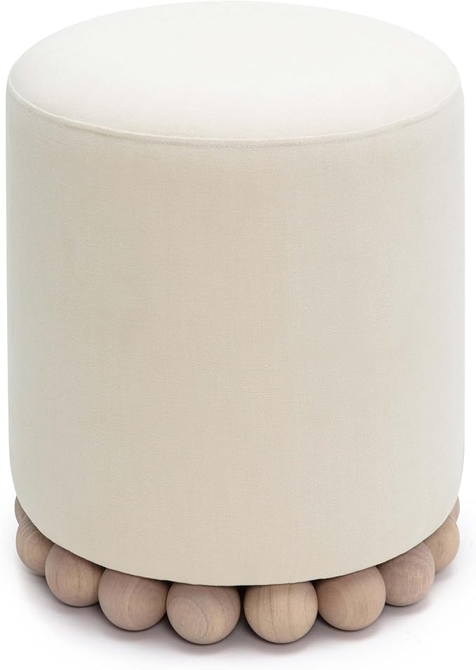 First of a Kind Ottoman Foot Rest - Cream Plywood Round Ottoman Stool with Solid Wood Spherical Orbs - 15.7" W x 15.7" D x 18.3" H - Handmade, Easy Clean, 330 lbs Weight Capacity