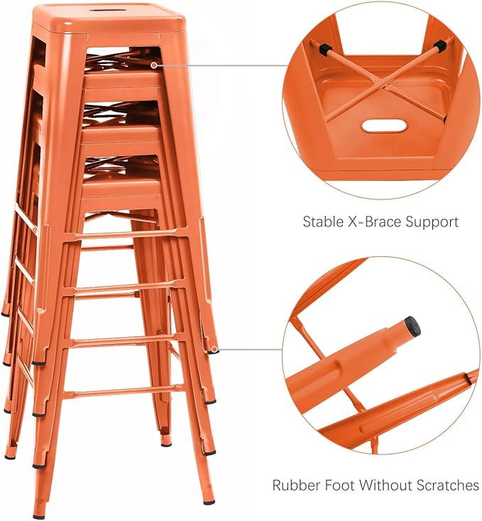 Furniwell 30 Inches Metal Bar Stools High Backless Tolix Indoor-Outdoor Stackable Barstool with Square Counter Seat Set of 4 (Orange)