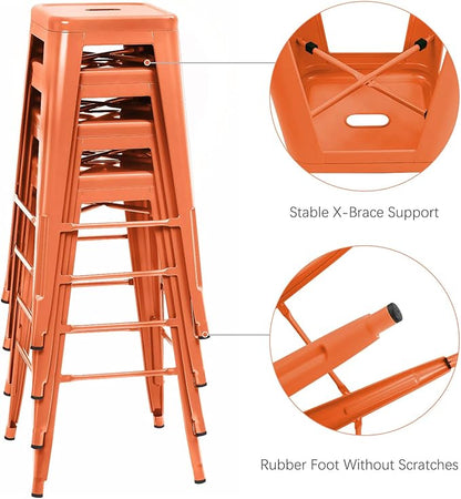 Furniwell 30 Inches Metal Bar Stools High Backless Tolix Indoor-Outdoor Stackable Barstool with Square Counter Seat Set of 4 (Orange)