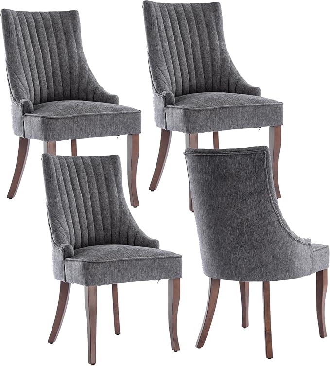 mikibama Linen Dining Chairs Set of 4 Channel Tufted Kitchen Dinner Chair Comfy Fabric Upholstered Accent Chair for Dining Room with Solid Wood Legs (Grey 4pc)