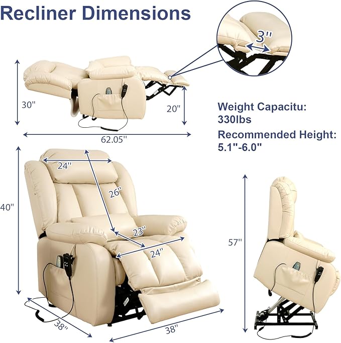 MAEVIS Large Genuine Leather Power Lift Recliner Chair, Dual Motor Recliner for Elderly,Extended Footrest and Lumbar Pillow for Tall Man,with Heat and Massage, USB and Type-C Ports(Beige)