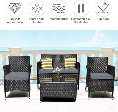 COSTWAY 4PCS Rattan Patio Furniture Set, Outdoor Wicker Rattan Chairs with Coffee Table, Rattan Cushioned Conversation Set for Backyard Balcony Porch Poolside, Grey