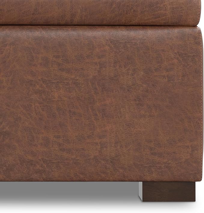 SIMPLIHOME Gabbie 36 inch Wide Contemporary Square Square Coffee Table Storage Ottoman in Distressed Saddle Brown Vegan Faux Leather, Assembled, for The Living Room, Entryway and Family Room