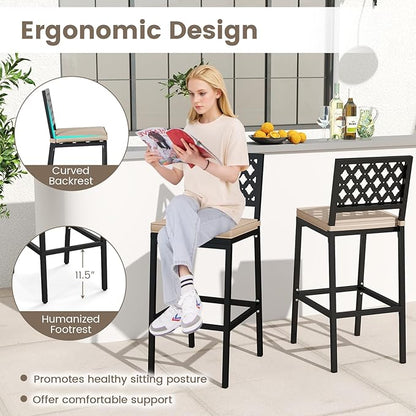 COSTWAY Outdoor Bar Chairs Set of 2, Armless Heavy-Duty Metal Frame Counter Height Chairs with Removable Cushions, Footrest, Ergonomic Backrest, Upholstered Barstools for Patio, Poolside, Backyard