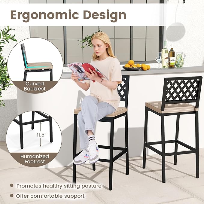 COSTWAY Outdoor Bar Chairs Set of 4, Armless Heavy-Duty Metal Frame Counter Height Chairs with Removable Cushions, Footrest, Ergonomic Backrest, Upholstered Barstools for Patio, Poolside, Backyard