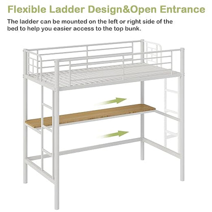 VECELO Metal Loft Bed Twin Size with Desk, Heavy Duty Bedframe with Removable Ladder and Safety Guardrail, Space-Saving, Noise Free, No Box Spring Needed, Off White