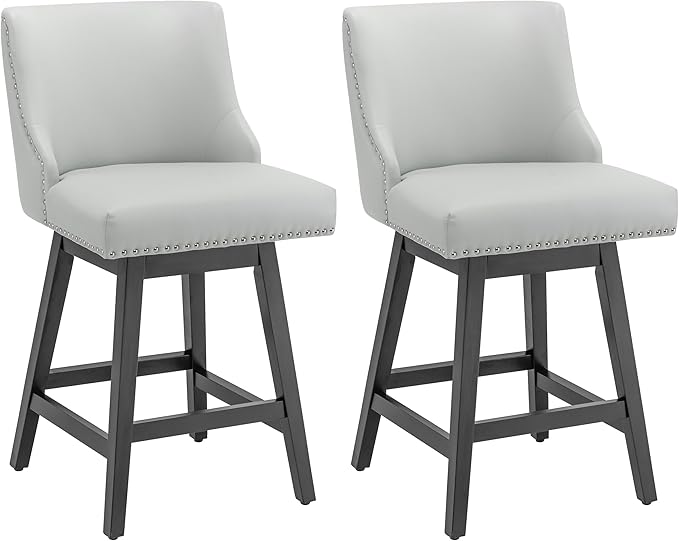 Bar Stools Set of 2, PU Leather Barstools, 26 Inch Upholstered Counter Stools with 13.8" High Back and Footrest, Swivel Counter Height Barstools for Kitchen Island Home Bar Light Gray