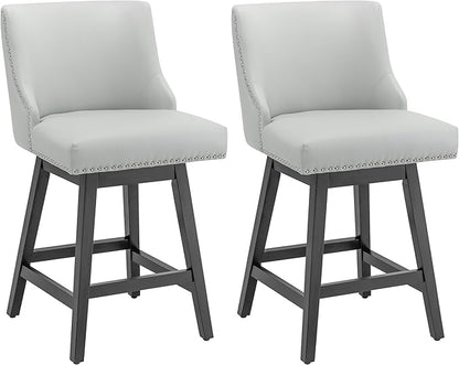Bar Stools Set of 2, PU Leather Barstools, 26 Inch Upholstered Counter Stools with 13.8" High Back and Footrest, Swivel Counter Height Barstools for Kitchen Island Home Bar Light Gray
