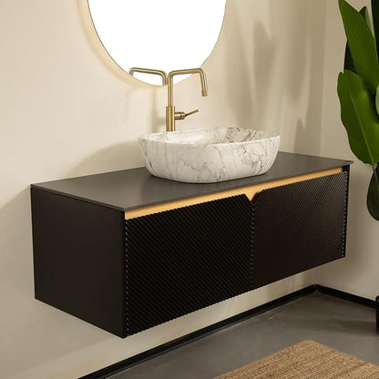 48 Inch Bathroom Vanity with Sink, Floating Fluted Vanity with Vessel Sink, Modern Wall Mounted Bathroom Vanity Cabinet with 2 Doors, Oval Marble Vessel Sink & Sintered Stone Top, Black