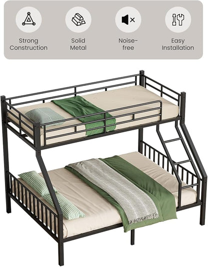 Twin XL Over Queen Bunk Bed for Adults, Heavy Duty Metal Bunk Beds with Safety Guardrails & EVA Padded Ladder, Twin XL Over Queen Bunk Beds Frame with Noise-Free Slats, Space-Saving(Black)