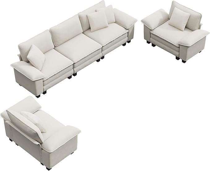 PHI VILLA Cloud Modular Couches Sets, 3 Pieces Large Sectional Sofa Set with Single Sofa, 5-Seater Upholstered Couch for Living Room, Chenille Fabric, Beige
