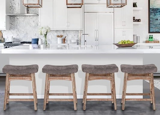 ALPHA HOME Bar Stools Set of 4, Solid Wood Saddle Kitchen Stools with Grey Linen Fabric Cushion Counter Height Barstools, 24 Inch, Grey, 4PCS