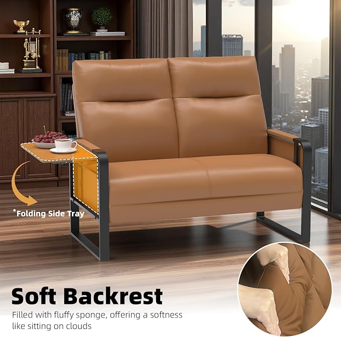 Modern Leather Loveseat, Small Sofa with Side Tray & Pocket, Upholstered Mini Couch for Living Room, Office, Guest Room, Brown