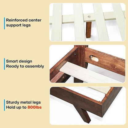 Acacia Harmony Queen Platform Bed Frame – Solid Rubber Wood, Walnut Finish, Mid-Century Style, Unique Wood Grain Pattern, 800lbs Capacity, No Box Spring Required, Easy Setup