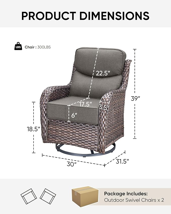 HUMMUH Outdoor Patio Wicker Swivel Rocker Chairs Set of 2 with 6-Inch Thick Cushion High Back Wicker Conversation Set for Porch Balcony Deck