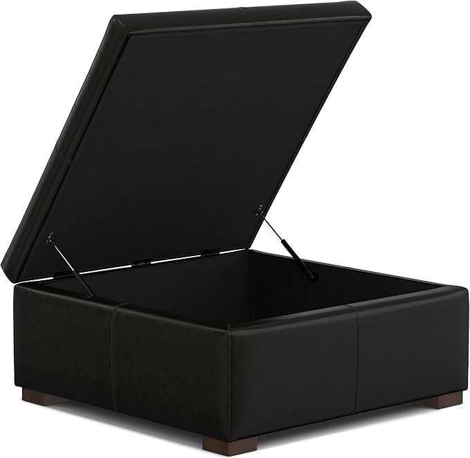 SIMPLIHOME Gabbie 36 inch Wide Contemporary Square Square Coffee Table Storage Ottoman in Midnight Black PU Black Faux Leather, Assembled, for The Living Room, Entryway and Family Room