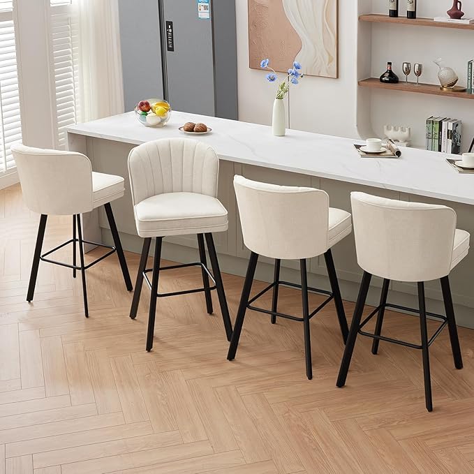 Swivel Counter Height Bar Stools Set of 4, 30'' Modern Barstools with Backs and Metal Legs, Upholstered Bar Chairs, Beige, Fabric Stools for Kitchen Island Chairs