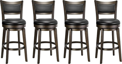 PrimeZone Swivel Bar Stools Set of 4, 26 Inch Counter Height Barstools, Black Faux Leather Bar Stool with High Backrest & Solid Wood Legs & Wrap-around Footrest, Counter Stools for Kitchen Island, Pub