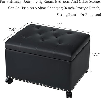 Leather Storage Ottoman Bench with 360° Caster Wheels, 24" Black Rectangle Rolling Ottoman with Storage, Foot Rest Bench Rectangle Ottomans Stool for Living Room Bedroom