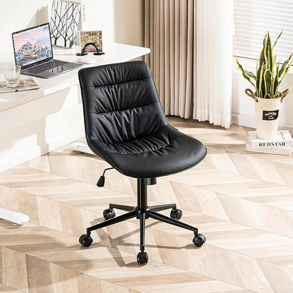Kidol & Shellder Faux Leather Office Chair, Adjustable Swivel Height Task Chair, Rolling Wheels & Soft Backrest - Armless Ergonomic Desk Chair for Home, Office,Vanity,Gaming（Black）